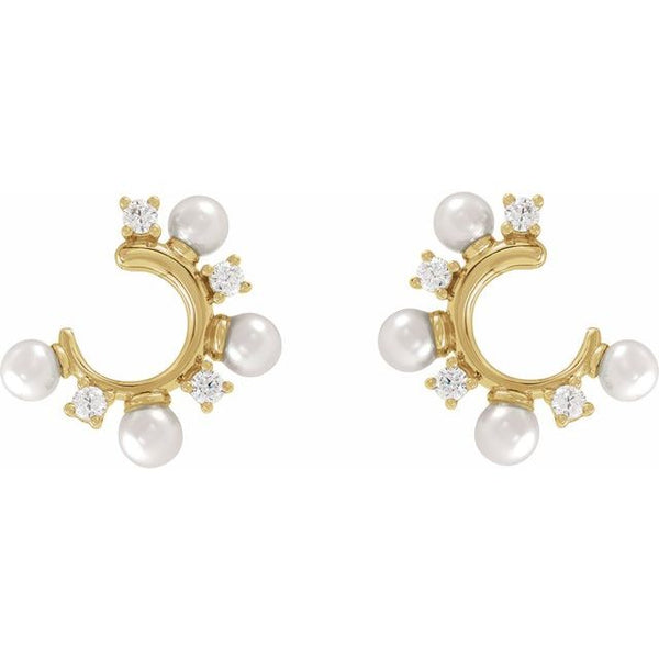 14k Gold Cultured White Freshwater Pearl & 1/3 CTW Natural Diamond Hoop  Earrings