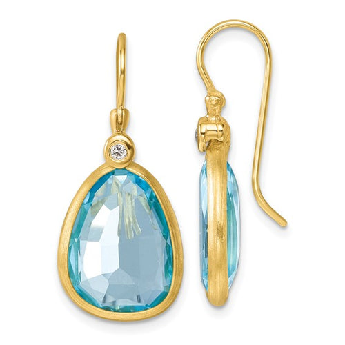 14K Gold Polished Diamond and Blue Topaz Dangle Earrings