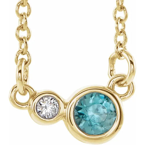 14k Gold 5 MM Blue Zircon and 0.06 CTW Diamond Necklace