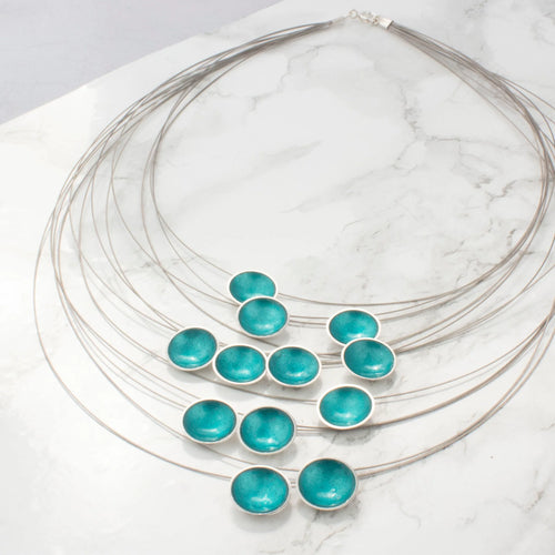 Multi Strand Turquoise Enamel 12 Strands Disc Necklace