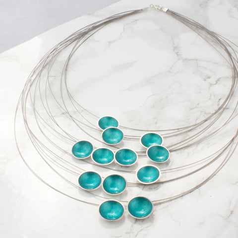 Triple Enamel Disc Necklace, Ultra, Teal and Grass