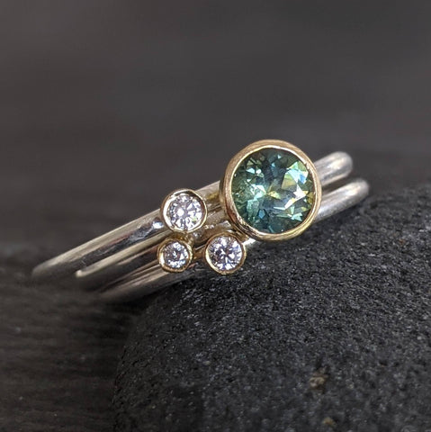 9 mm Round Green Amethyst 18k Gold Cup and Oxidised Silver Ring