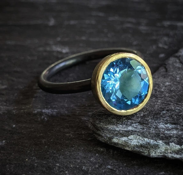 9mm Round Swiss Blue Topaz Ring 18k Gold Cup and Oxidized Silver