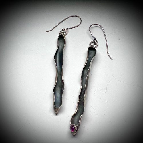 Sterling Silver Leaves with Ruby on Hooks Earrings