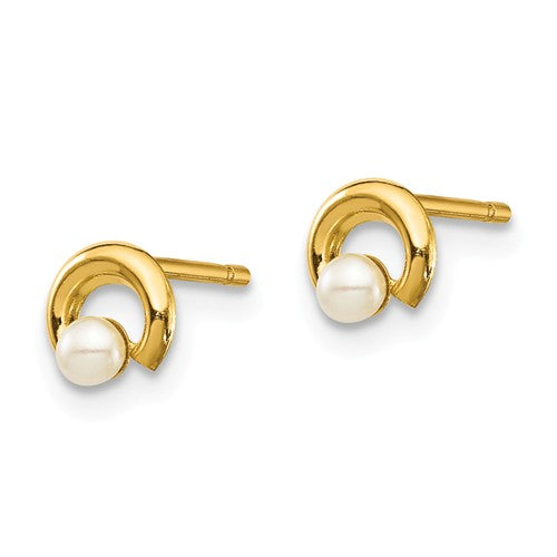 14k gold White Button Freshwater Cultured Pearl Circle Post Earrings