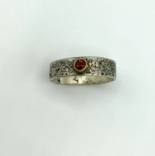 Reticulated Silver Ring with 18k gold powder fused and 3mm round Garnet set in 18k gold bezel
