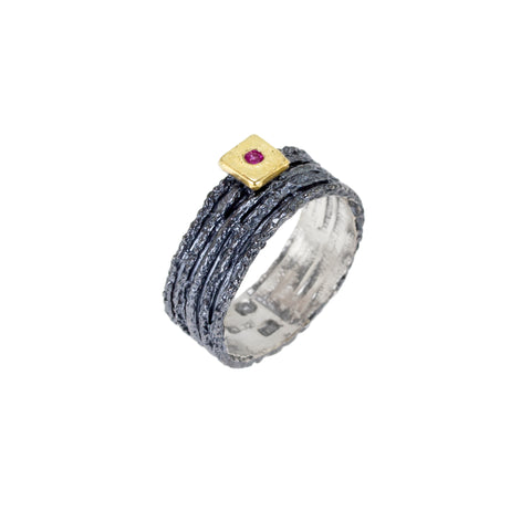 Apostolos Oxidized Silver Ring  with 18K Gold and Three Round Rubies