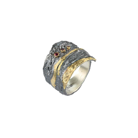 Apostolos 5.5 mm Textured Oxidized Silver Ring with Three Rubies and 18K Gold