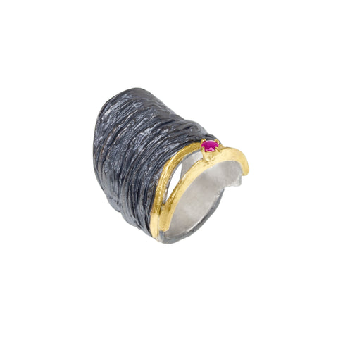 Apostolos 10 mm Wide Ring in Oxidized Silver and 18k Gold.