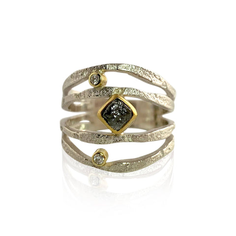 22k Yellow Gold & Oxidized Sterling Silver "Aurora" Hammered Concave Band with 3 Diamonds