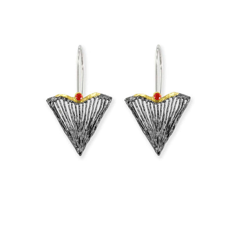 Sterling Silver Leaves with Ruby on Hooks Earrings