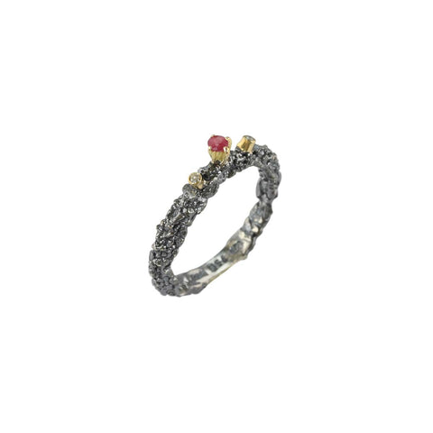 Apostolos Ring with One Ruby and One Diamond