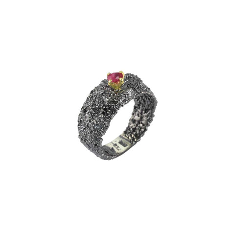 Apostolos 5.5 mm Textured Oxidized Silver Ring with Three Rubies and 18K Gold
