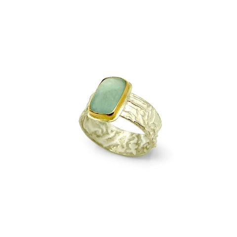 9kt Gold Ring with Pear Shape Moss Aquamarine and Salt and Pepper Diamond