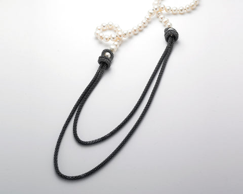 Pearl Inversion Knot Necklace in Oxidized Silver