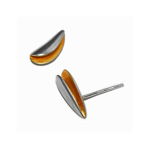 Side split silver shell stud earrings with contrasting 22ct gold plating
