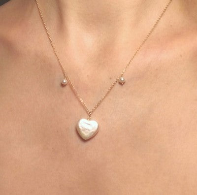 Heart Necklace with Rare White Freshwater Heart Shape Pearl and Two Small White Pearls