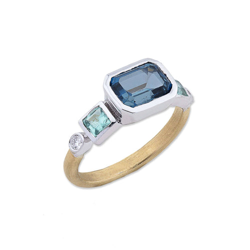 22K Yellow Gold "Love" Stacking Ring With London Blue Topaz, Mint Tourmalines And Diamonds Set In 18K White Gold Bezel