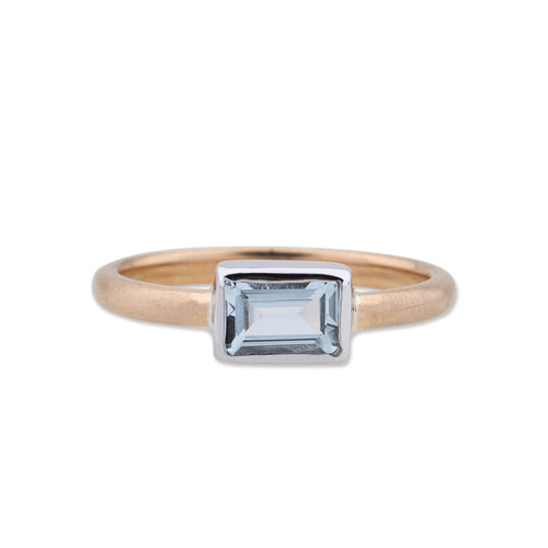 22K Rose Gold "Love" Stacking Ring With Baguette Cut Aquamarine Set in 18K White Gold