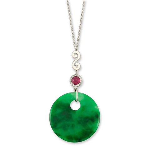 Estate Carved Green Jade Disc with Pearls and Enamel set in 14k yellow gold