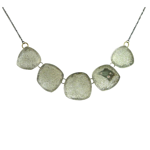 Argentium Silver Patinated Curly Pod Necklace with double 18k gold chain and 9 diamonds
