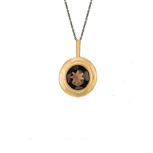 Geometrical Faceted Round Post with Smokey Quartz and Black Diamonds