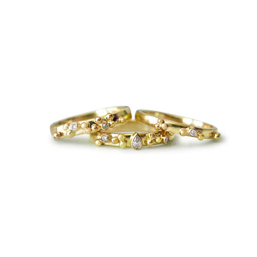 Gold Ring with Two Diamonds and Gold Balls