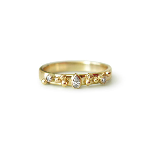 Gold Ring with One Round Diamond and Gold Balls