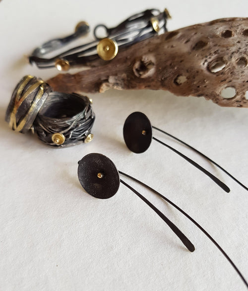 Oxidised Daisy Earrings with Long Wire in sterling silver and 18kt gold