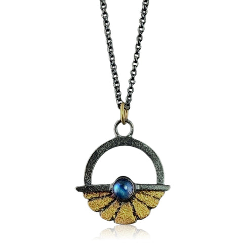 Rainbow Moonstone Cabochon Necklace with 18k Gold on Oxidized Sterling Sterling
