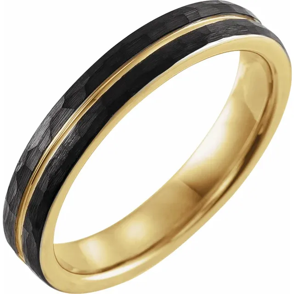 18K Yellow Gold PVD 4mm Hammered Textured Center Grooved Black PVD
