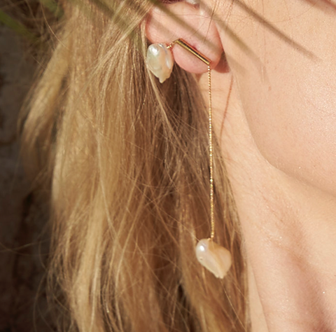 White Keshi Pearls Twin Earrings with Gold-filled Chain