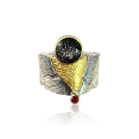 Apostolos Textured Tapered Oxidized Silver Ring with Champagne Diamond or Ruby
