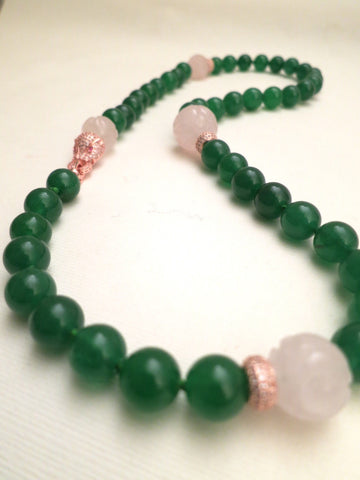 Green Jade, Black Agate, Fresh Water Pearls, Black Silk Knots Necklace