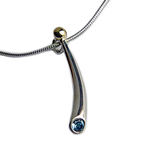 Curving silver wiggly pendant with blue topaz & 18K gold detail