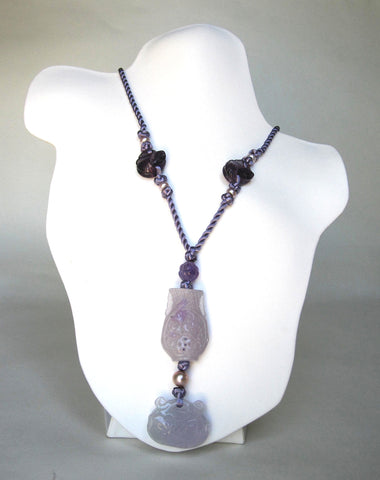 Natural Jade, Fresh Water Pearls, Black Silk Chain & Knots Necklace