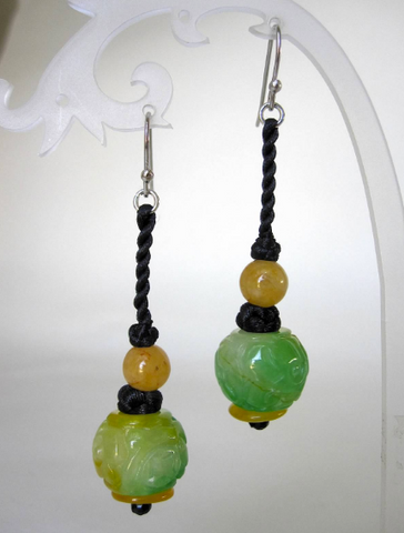 Green Carved Disc Jade and 925 Silver Hook Earrings