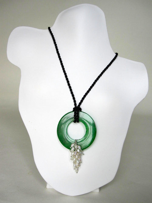 Jade Disc Fresh Water Pearl Cluster and Black Cord Necklace