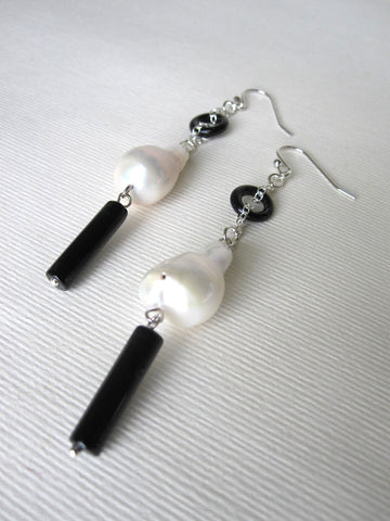 Twin Black & White Potato Pearls Sterling Silver Earrings
