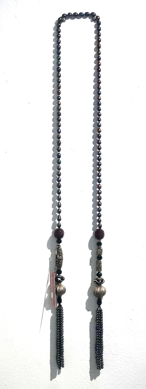 Peacock Baroque Pearl Lariat Necklace with Tribal Beads and Pearl Tassels