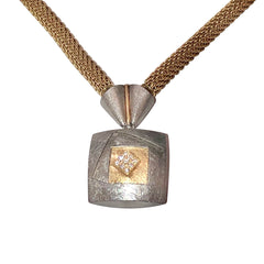 Diamond Square Pendant with Triangular Steel Connector on 18" Gold Mesh Chain