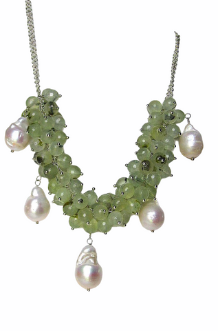 Natural Jade, Fresh Water Pearls, Black Silk Chain & Knots Necklace