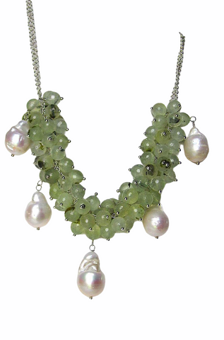 Shiu Jade, Fresh Water Pearls, Beige Silk Chain, and Beige Chinese Knots Necklace