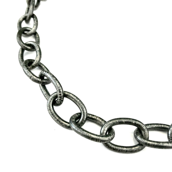 Necklace Rhinestone Chain Link Large Oval Pave Textured Silver