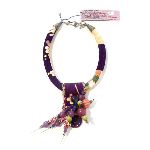 Purple Silk Chirimen Kimono Cord Necklace with Amethyst and Glass Beads Embellishments