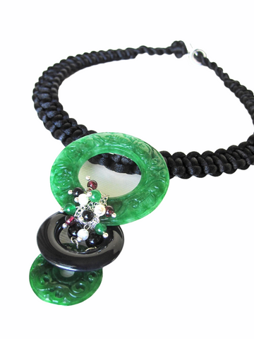 Green Jade, Black Agate, Fresh Water Pearls, Black Silk Knots Necklace