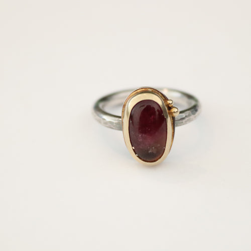 Red Tourmaline Cabochon in 18k gold bezel and Accents on Sterling Silver Oxidized Ring