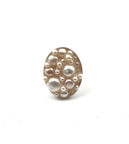 BLOOM Ring with 2 Blooms of Brushed Sterling Silver and 22k Gold Leaf and Pearls