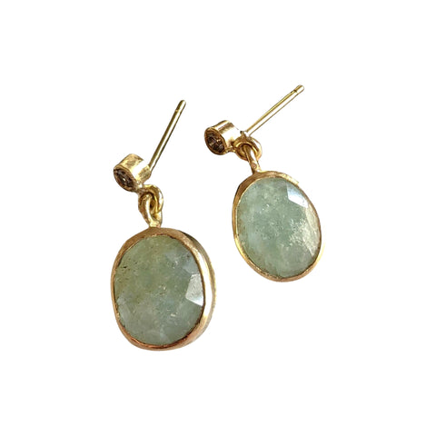 Moss Aquamarine Pear Shape with Grey Spinel in 18kt Gold Earrings