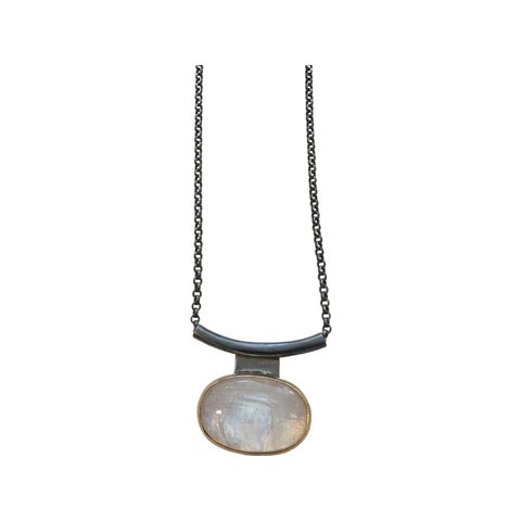 Rainbow Moonstone Cabochon Necklace with 18k Gold on Oxidized Sterling Sterling